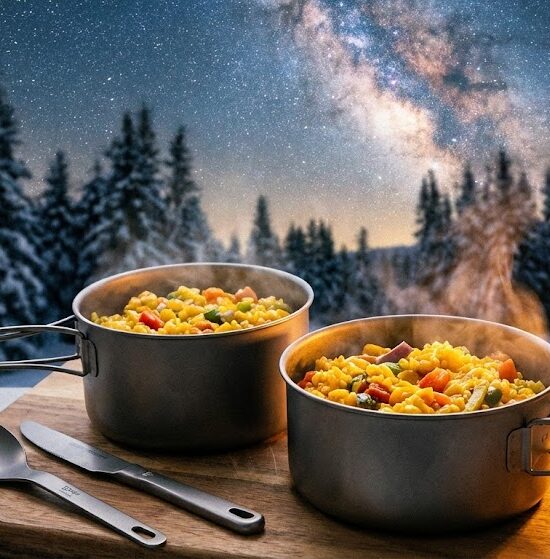 Artystyczne zbliżenie na dwa eleganckie, tytanowe naczynia turystyczne wypełnione parującym, kolorowym daniem