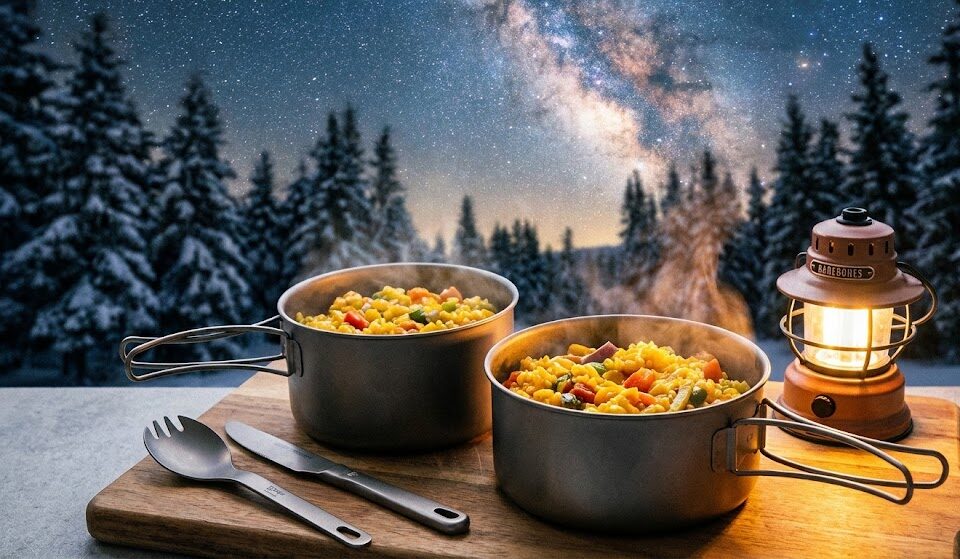 Artystyczne zbliżenie na dwa eleganckie, tytanowe naczynia turystyczne wypełnione parującym, kolorowym daniem