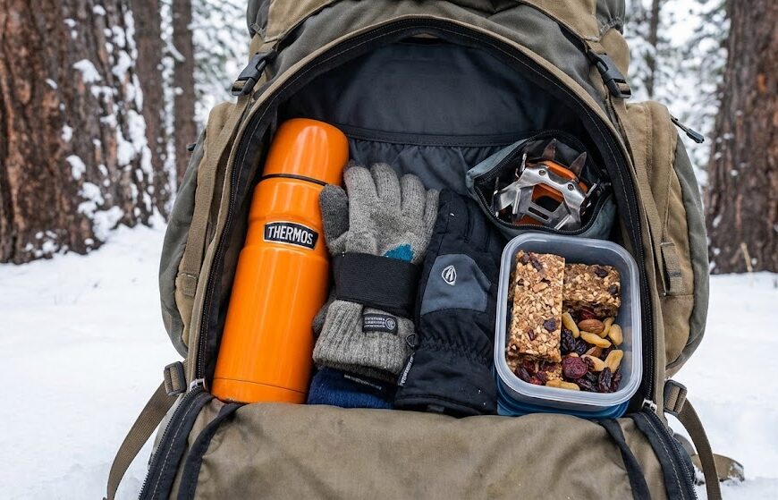 Bliższe ujęcie otwartego plecaka trekkingowego
