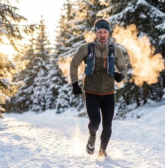 Dynamiczne zdjęcie biegacza na zaśnieżonej ścieżce leśnej
