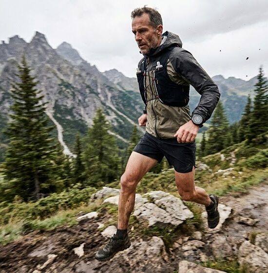 Dynamiczne zdjęcie przedstawiające mężczyznę w średnim wieku podczas biegu.