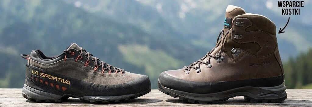 Grafika porównawcza lub zdjęcie dwóch butów jednego niskiego typu podejściówka i drugiego wysokiego, skórzanego buta trekkingowego.