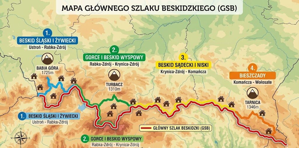 Grafika przedstawiająca mapę Polski z zaznaczonym GSB i podziałem na 4 główne sekcje