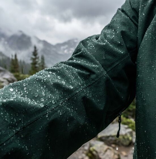 Kurtka hardshell z wyraźnymi kroplami wody perliącymi się na powierzchni materiału