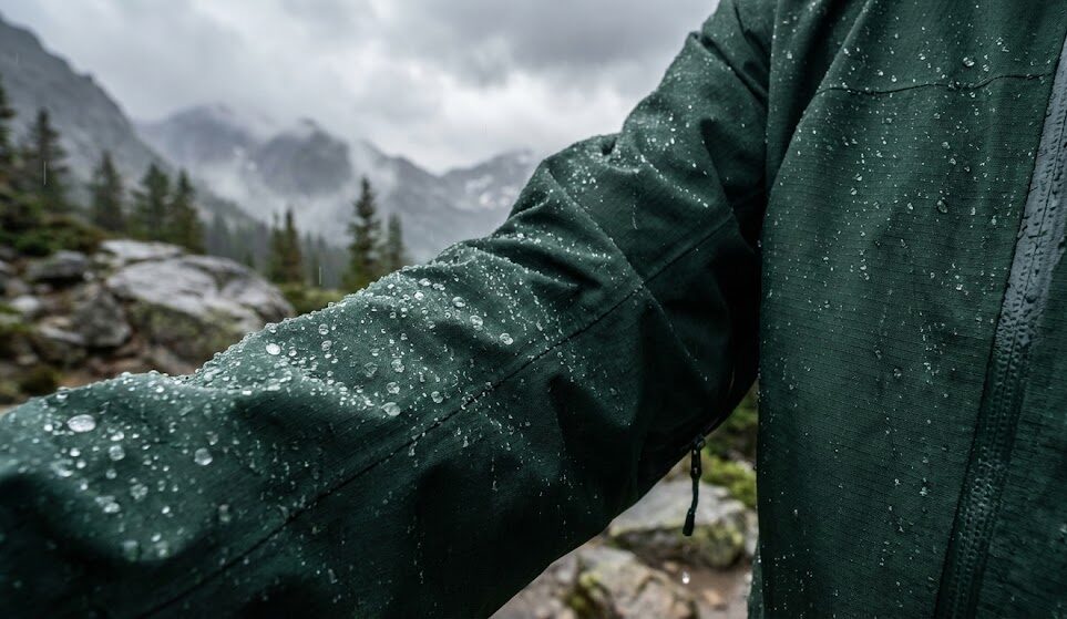 Kurtka hardshell z wyraźnymi kroplami wody perliącymi się na powierzchni materiału