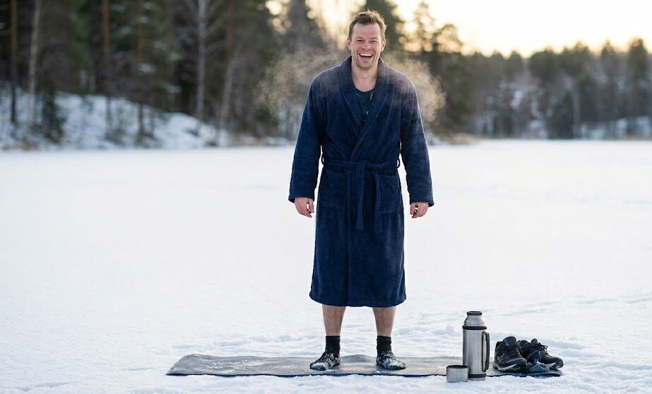 Mężczyzna po morsowaniu w ciepły szlafrok