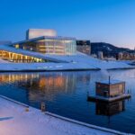 Panoramiczne ujęcie nabrzeża Bjørvika w Oslo o błękitnej godzinie