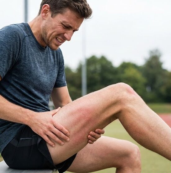 Profesjonalne ujęcie biegacza masującego obolałe udo po treningu.