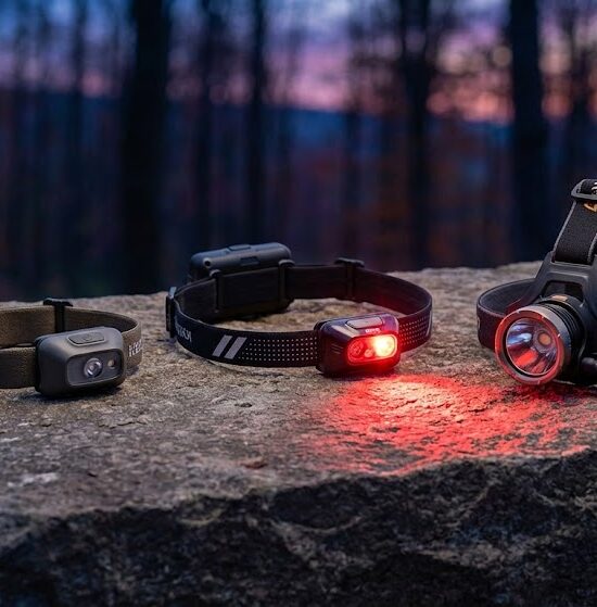 Profesjonalne zdjęcie produktowe przedstawiające trzy różne modele czołówek (kompaktową, biegową i wysokogórską) ułożone na surowym kamieniu.