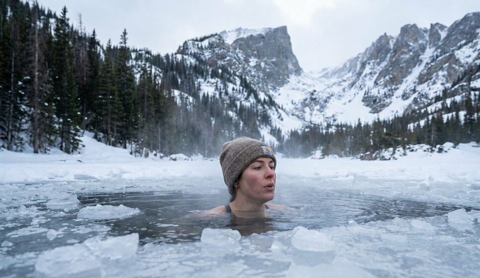 Profesjonalne zdjęcie przedstawiające osobę w trakcie sesji krioterapii w naturalnych warunkach.