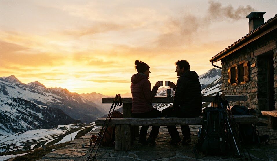 Sylwetki pary siedzącej na ławce przed górskim schroniskiem. Piją herbatę z metalowych kubków, patrząc na zachodzące słońce, które barwi śnieg na złoty kolor