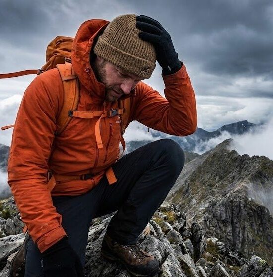 Turysta na grani, w wietrznych warunkach, poprawiający czapkę