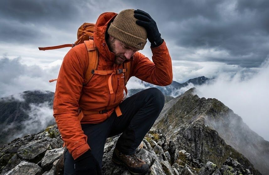 Turysta na grani, w wietrznych warunkach, poprawiający czapkę