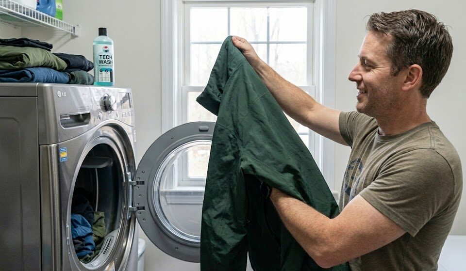 Turysta wylaczający kurtkę z suszarki bębnowej, sprawdzający pod światło strukturę materiału