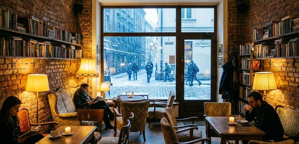 Wnętrze przytulnej kawiarni na krakowskim Kazimierzu.