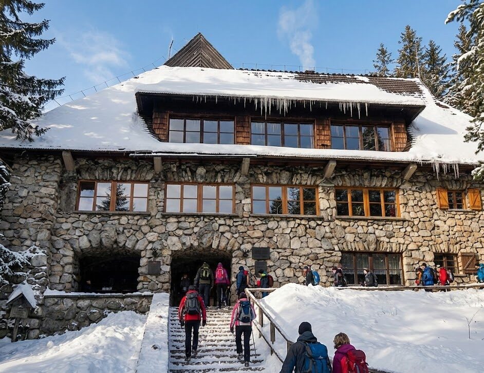 Zbliżenie na Schronisko PTTK zimą.