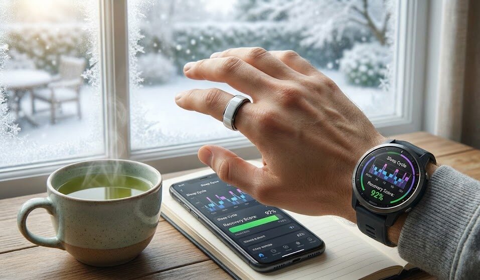 Zbliżenie na nowoczesny smart ring lub zegarek sportowy wyświetlający wykresy snu i poziomu regeneracji (Recovery Score).
