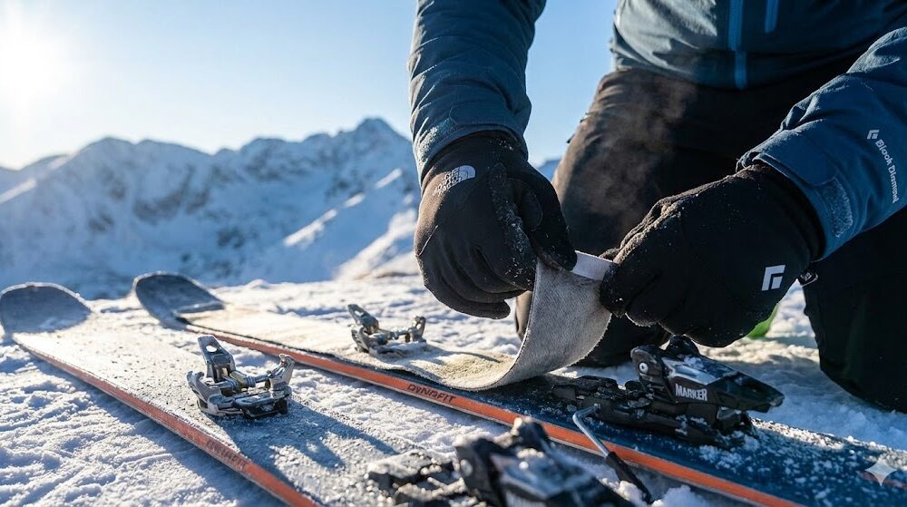 Zbliżenie na proces nakładania fok na narty skiturowe w mroźny, słoneczny poranek.