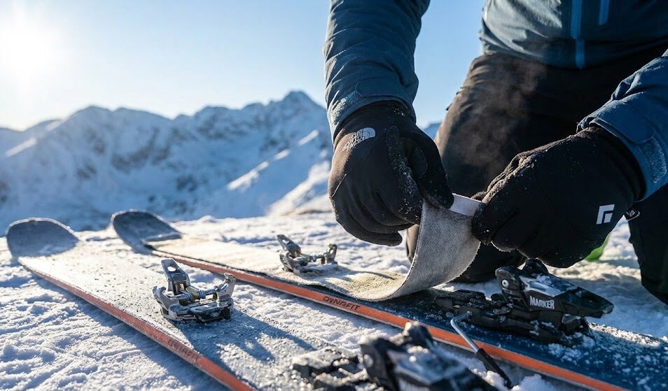 Zbliżenie na proces nakładania fok na narty skiturowe w mroźny, słoneczny poranek.