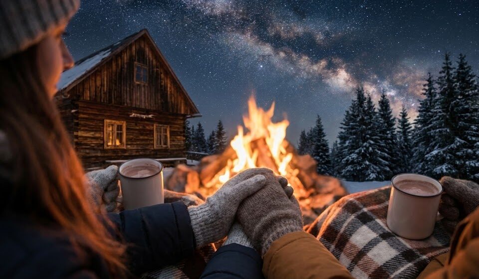 Zbliżenie na splecione dłonie pary siedzącej przy ognisku przed górskim schroniskiem. W tle widać ośnieżone choinki i rozgwieżdżone niebo. Atmosfera jest ciepła, rustykalna i bardzo romantyczna.