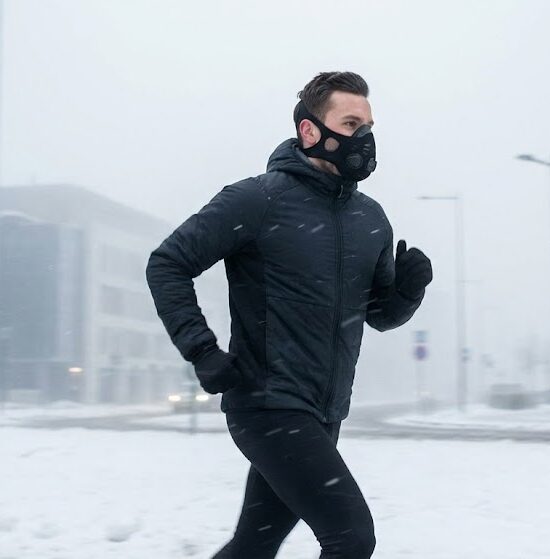 Zdjęcie biegacza w profesjonalnej masce sportowej, biegnącego przez zaśnieżone miasto we mgle