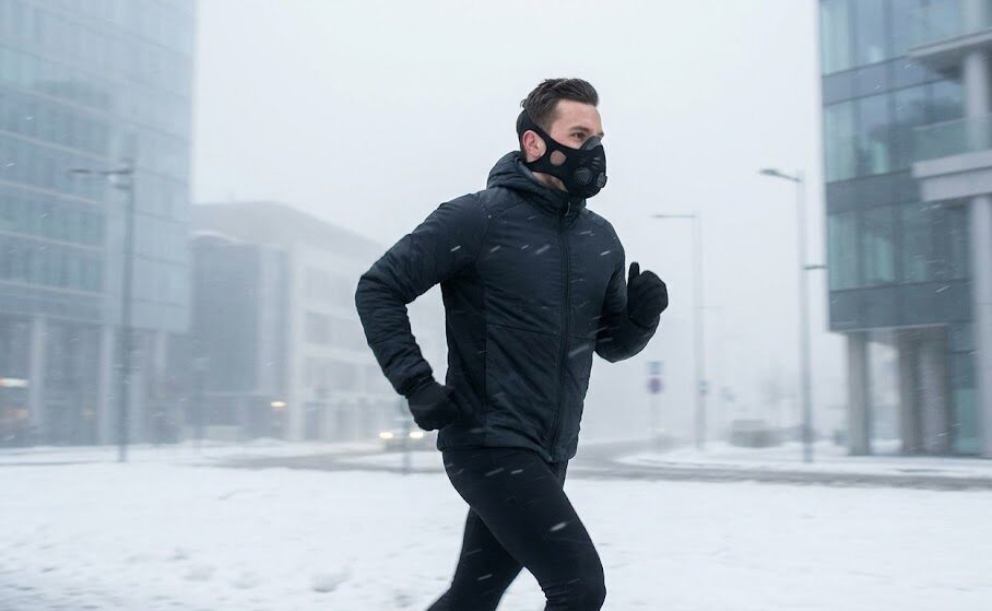 Zdjęcie biegacza w profesjonalnej masce sportowej, biegnącego przez zaśnieżone miasto we mgle