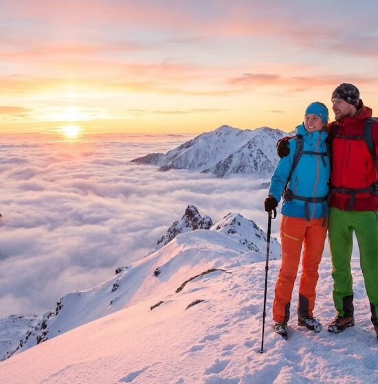 Zdjęcie pary wędrowców stojących na ośnieżonym grzbiecie górskim o wschodzie słońca.