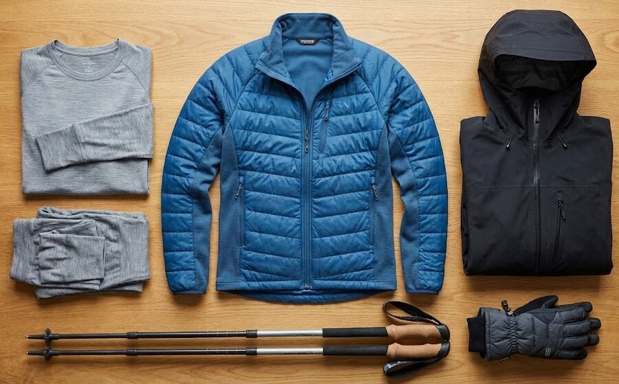 Zdjęcie prezentujące przekrój warstw lekka bielizna termoaktywna, niebieska kurtka hybrydowa z syntetyczną ociepliną oraz czarny, techniczny hardshell