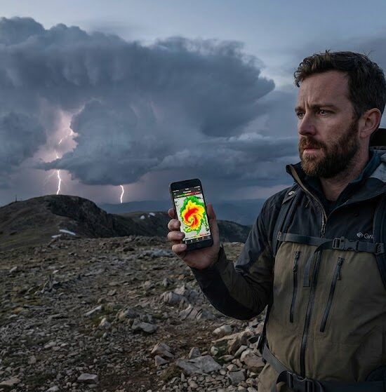 Zdjęcie turysty stojącego na grani, trzymającego smartfon z otwartą aplikacją z radarami pogodowymi