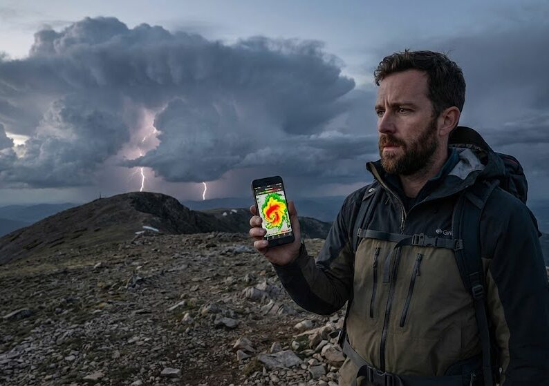 Zdjęcie turysty stojącego na grani, trzymającego smartfon z otwartą aplikacją z radarami pogodowymi