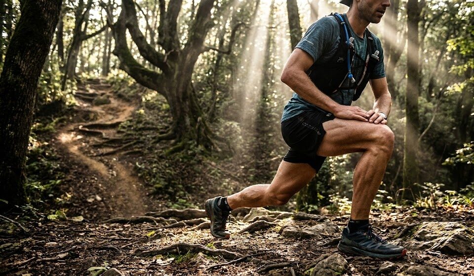 djęcie biegacza lub turysty wykonującego wykroki na leśnej ścieżce