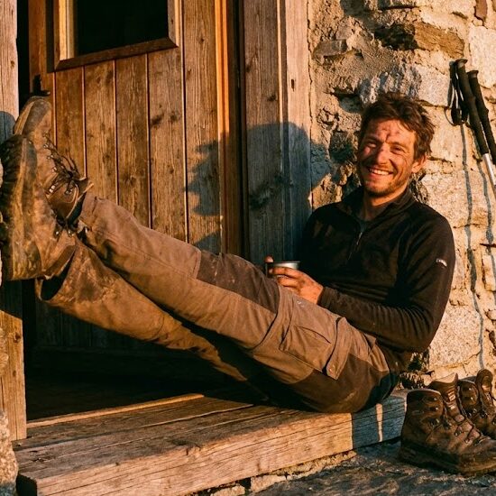 Zdjęcie zmęczonego, ale uśmiechniętego turysty siedzącego na progu schroniska z uniesionymi nogami opartymi o ścianę