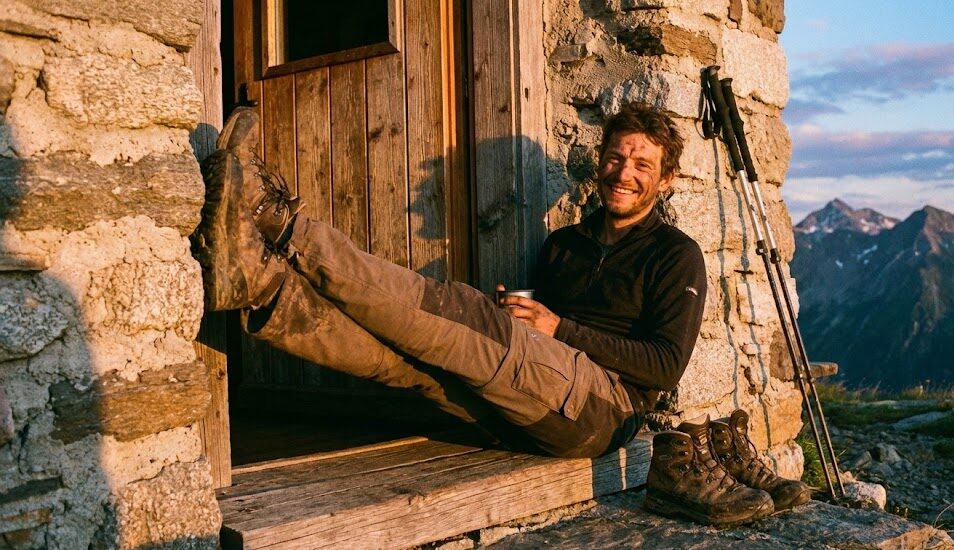 Zdjęcie zmęczonego, ale uśmiechniętego turysty siedzącego na progu schroniska z uniesionymi nogami opartymi o ścianę