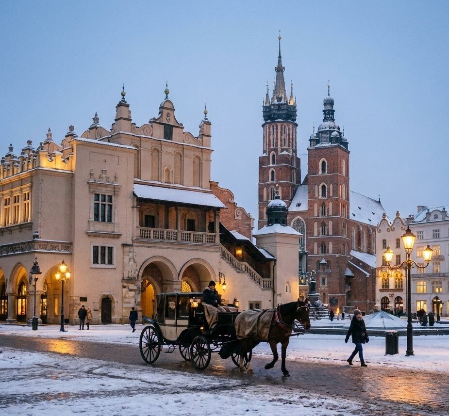 ujęcie Rynku Głównego w Krakowie w zimowej scenerii.