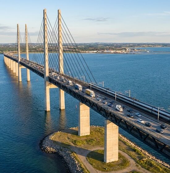 Dynamiczny kadr z drona pokazujący imponujący most nad cieśniną Öresund