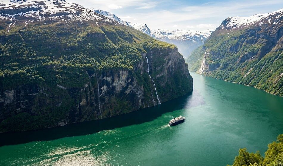 Epickie ujęcie z drona nad Geirangerfjorden w słoneczny dzień