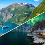 Kolaż Norwegii podzielony ukośną linią.