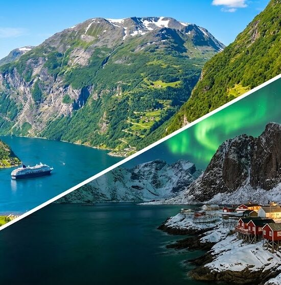 Kolaż Norwegii podzielony ukośną linią.