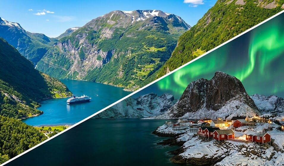 Kolaż Norwegii podzielony ukośną linią.