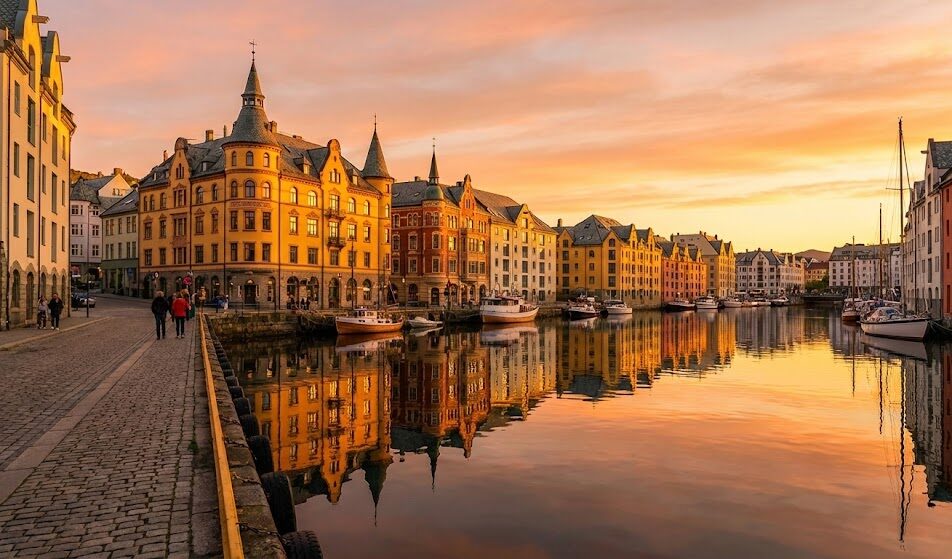 Ujęcie z poziomu ulicy w Ålesund, pokazujące piękne, zdobione kamienice odbijające się w kanale portowym.
