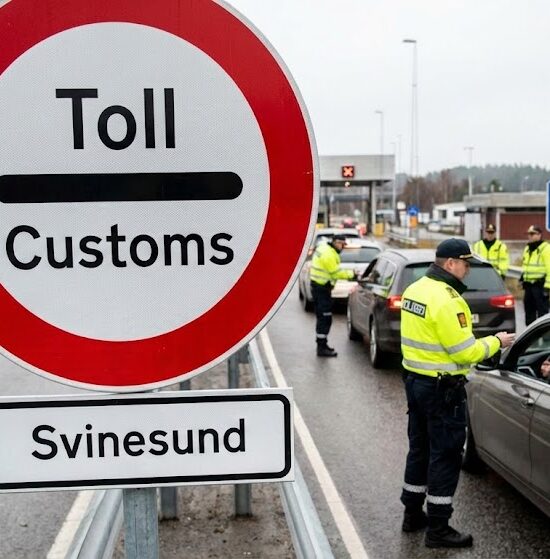 W tle widać norweskich celników w żółtych kamizelkach, którzy wyrywkowo kontrolują samochody osobowe.