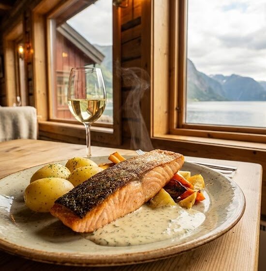 Zdjęcie apetycznego norweskiego dania (świeży łosoś z ziemniakami i warzywami) serwowanego w drewnianej restauracji z widokiem na fiord