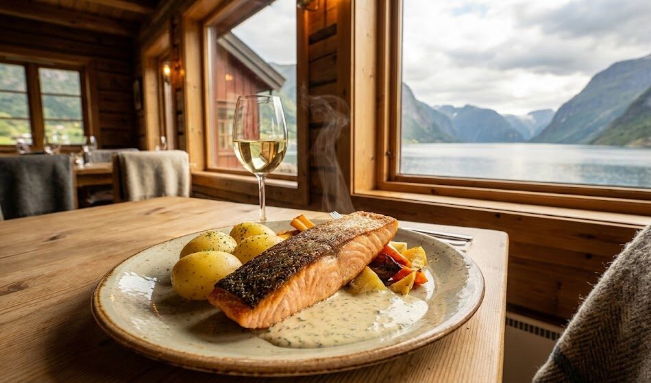 Zdjęcie apetycznego norweskiego dania (świeży łosoś z ziemniakami i warzywami) serwowanego w drewnianej restauracji z widokiem na fiord