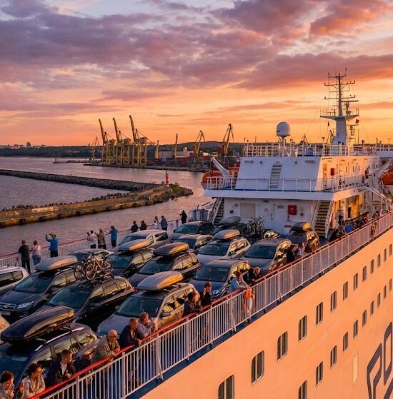 Zdjęcie potężnego promu pasażersko samochodowego wypływającego o zachodzie słońca z polskiego portu.