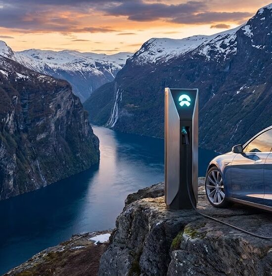 Zdjęcie przedstawiające nowoczesny samochód elektryczny ładujący się na stacji z widokiem na spektakularny fiord