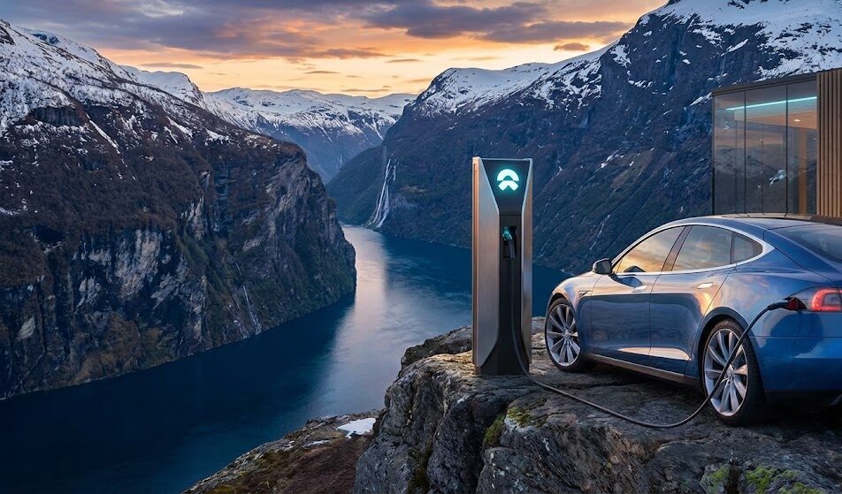 Zdjęcie przedstawiające nowoczesny samochód elektryczny ładujący się na stacji z widokiem na spektakularny fiord