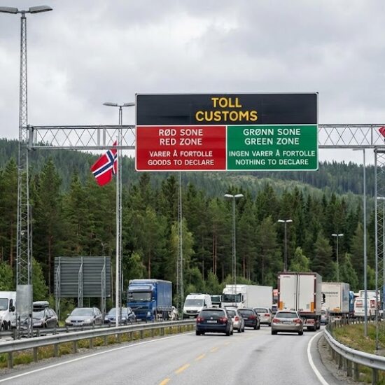 Zdjęcie przejścia granicznego między Szwecją (UE) a Norwegią.