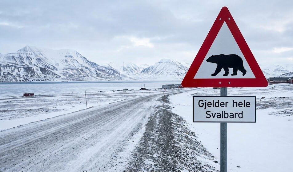 Zdjęcie słynnego trójkątnego znaku drogowego ze Svalbardu