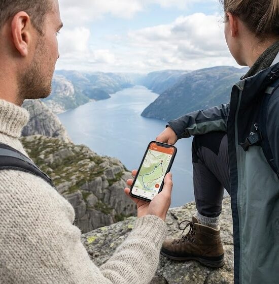 Zdjęcie turysty stojącego na skale z widokiem na fiord