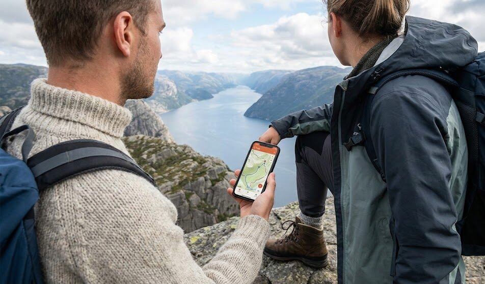 Zdjęcie turysty stojącego na skale z widokiem na fiord